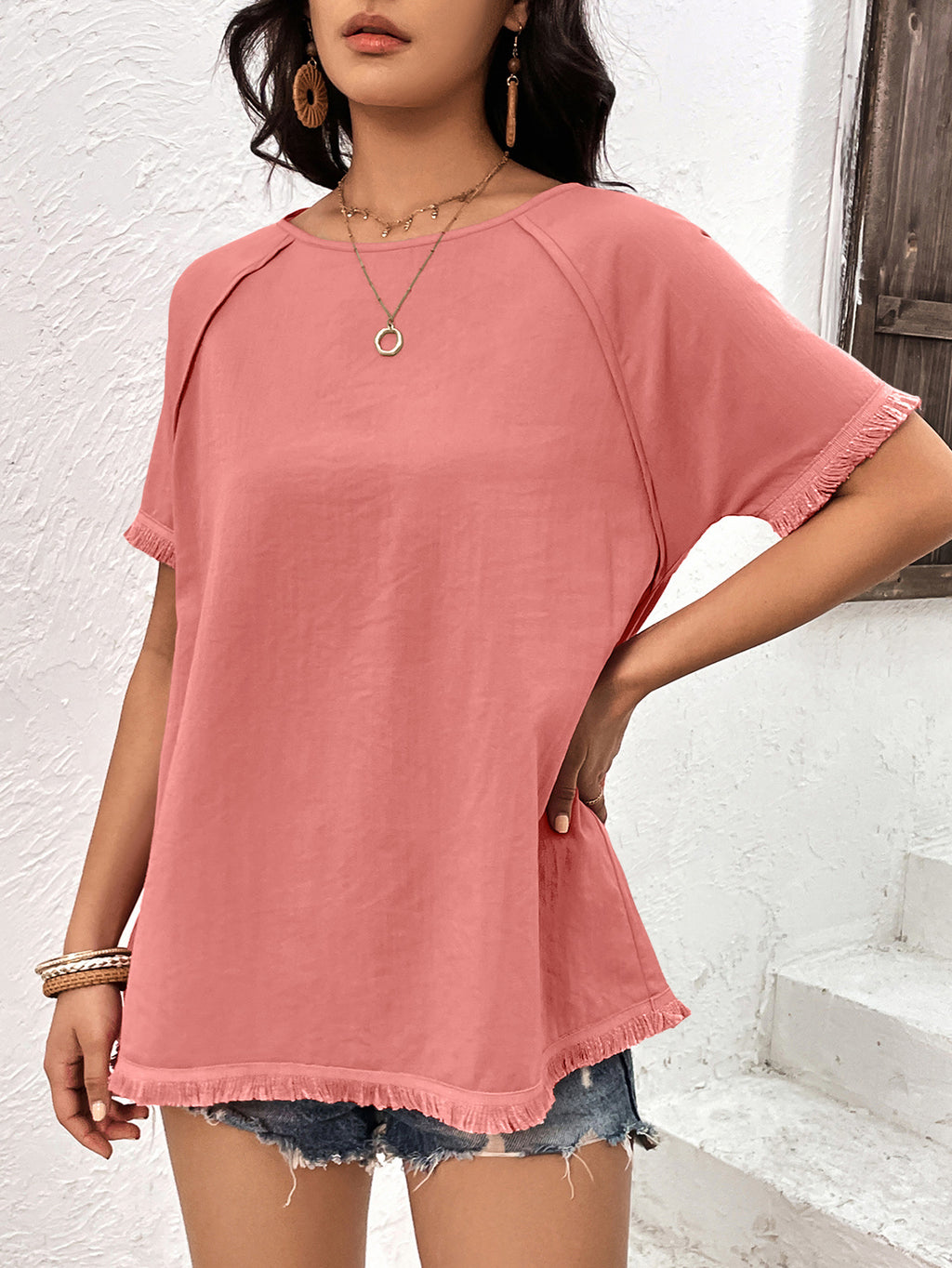 Round Neck Raglan Sleeve Fringe Detail Top