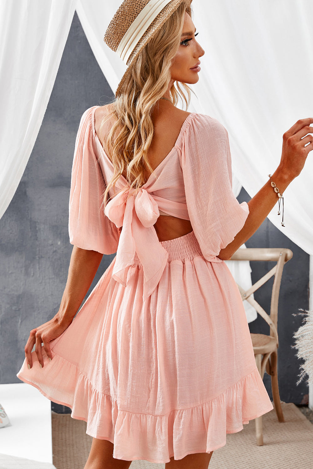 Tie-Back Ruffled Hem Square Neck Mini Dress