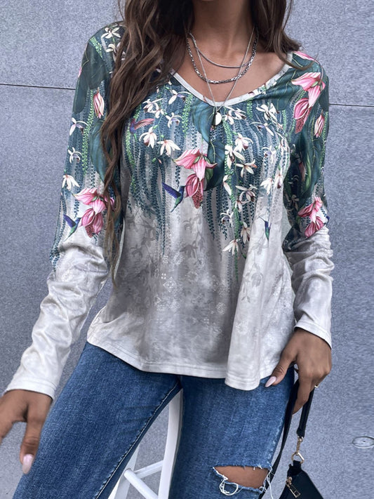 Floral V-Neck Long Sleeve Tee