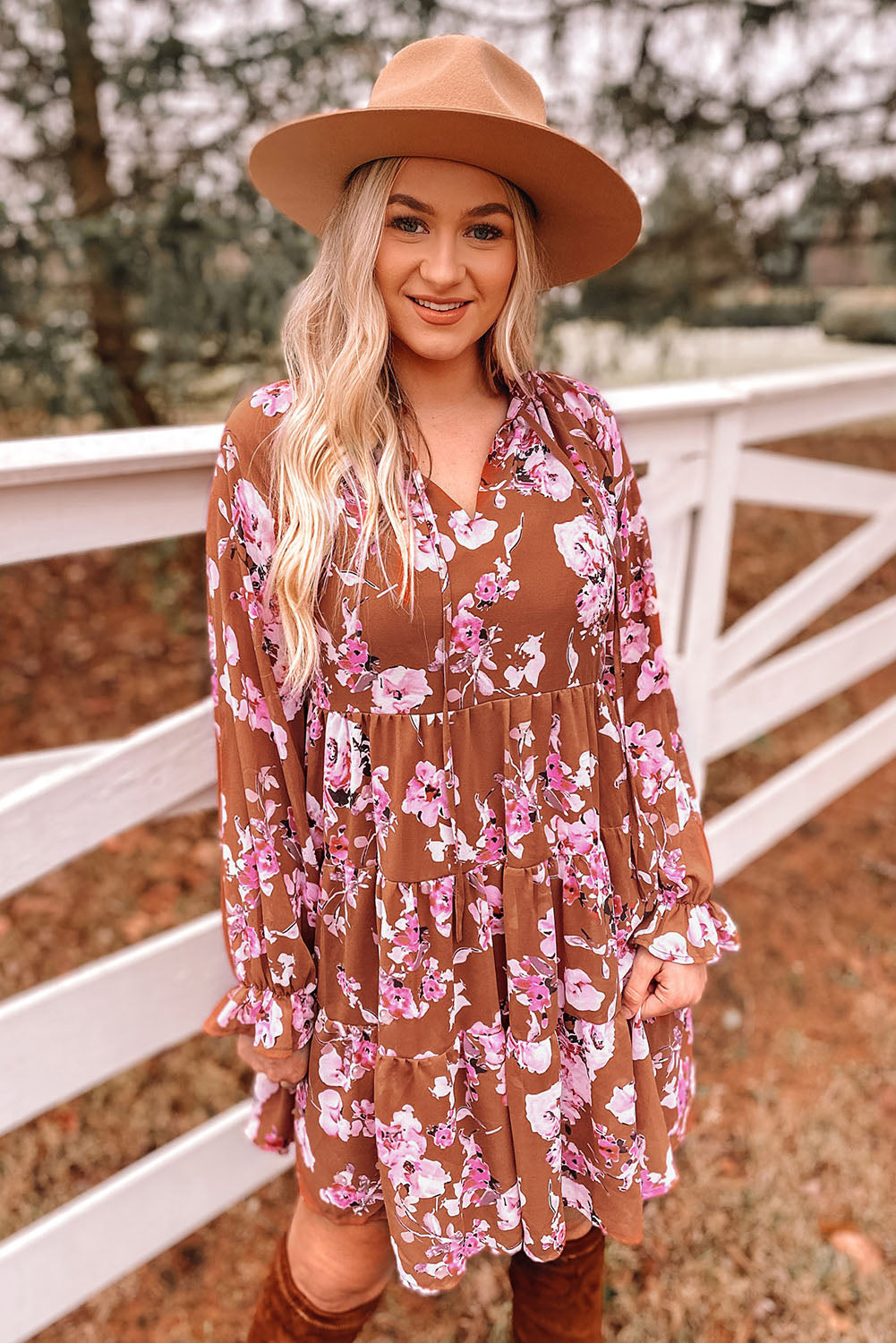 Floral Flounce Sleeve Tiered Dress