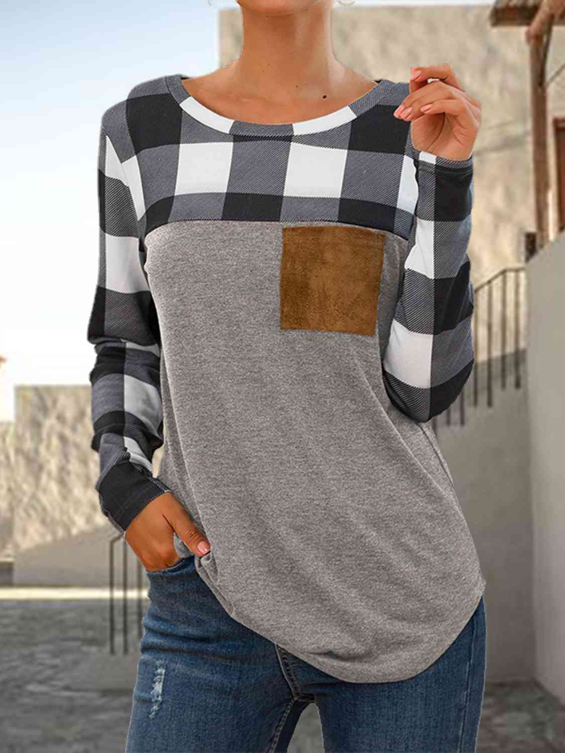 Plaid Round Neck Long Sleeve T-Shirt