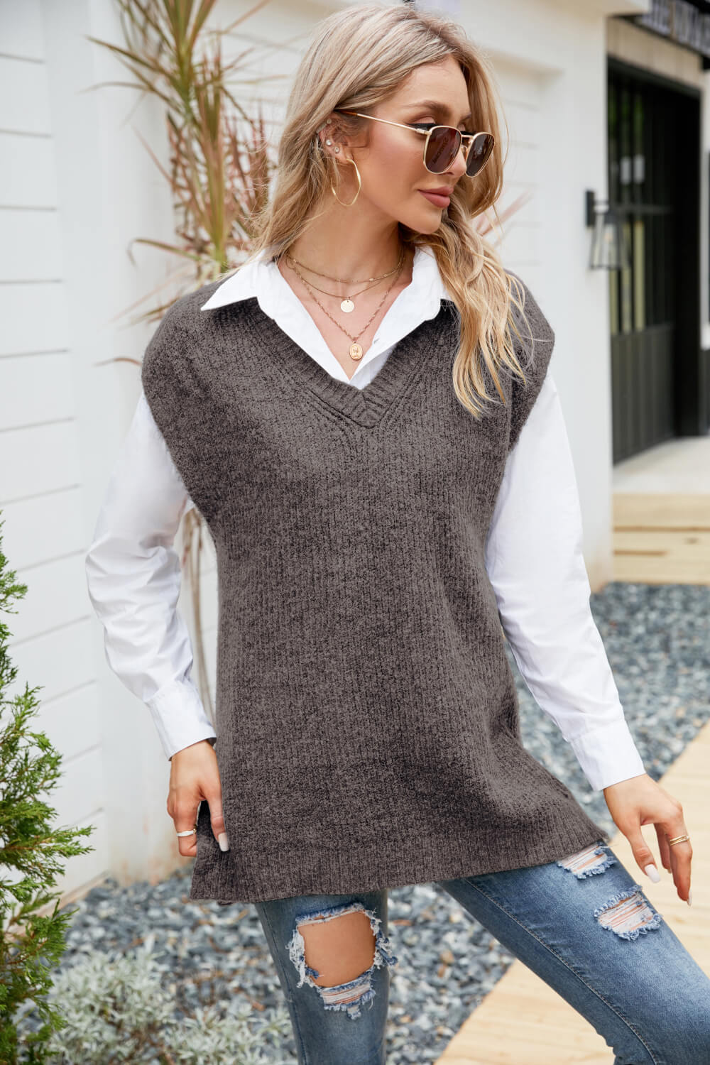 V-Neck Side Slit Sweater Vest