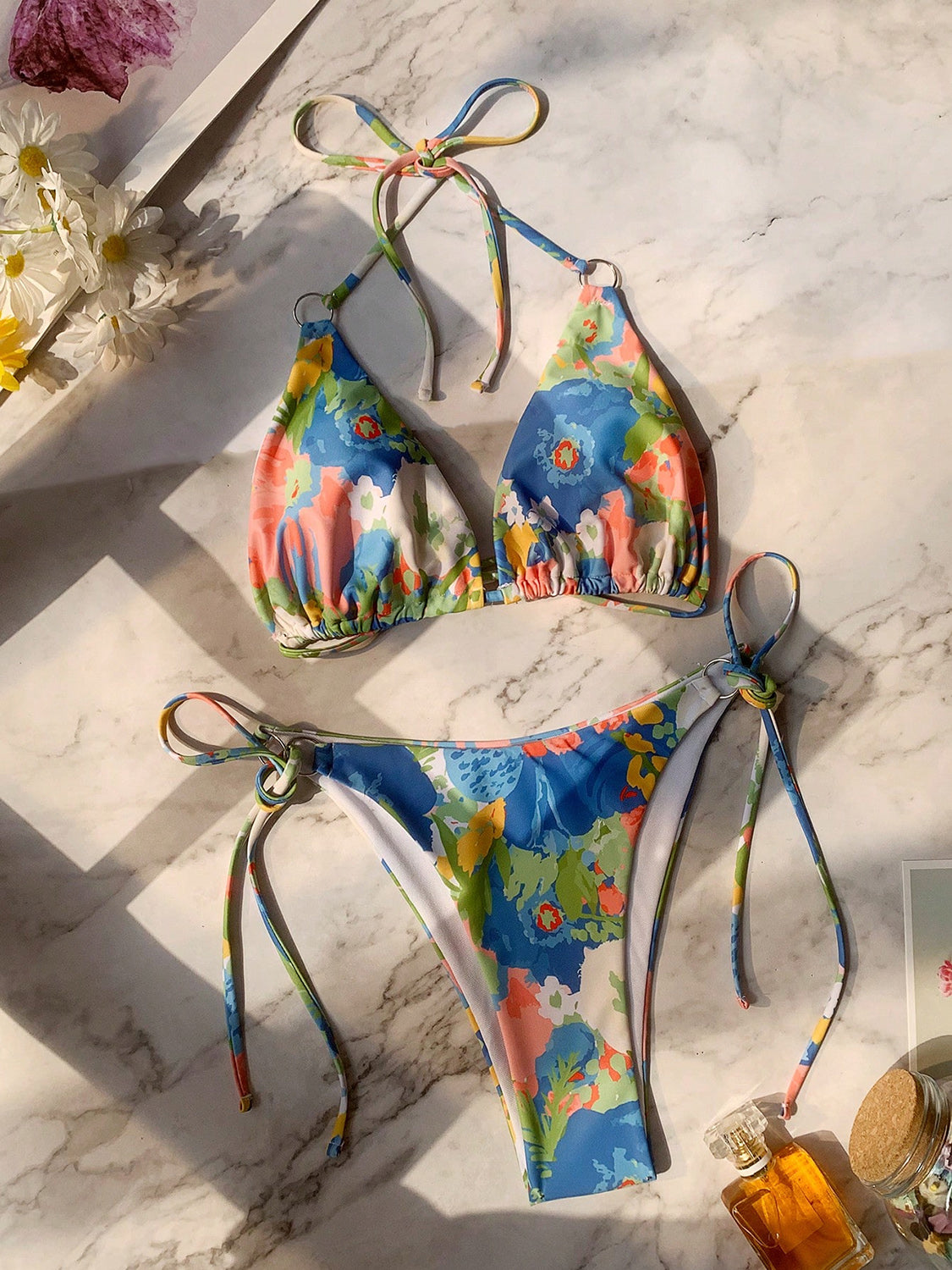 Tied Printed Three-Piece Swim Set