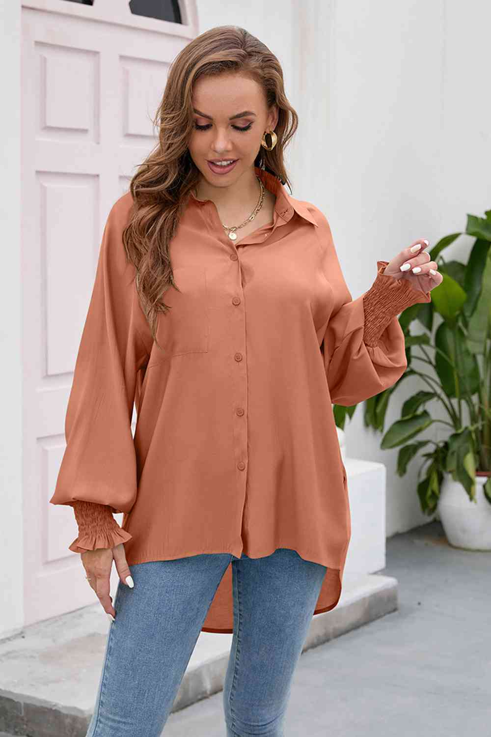 High-Low Collared Neck Lantern Sleeve Shirt