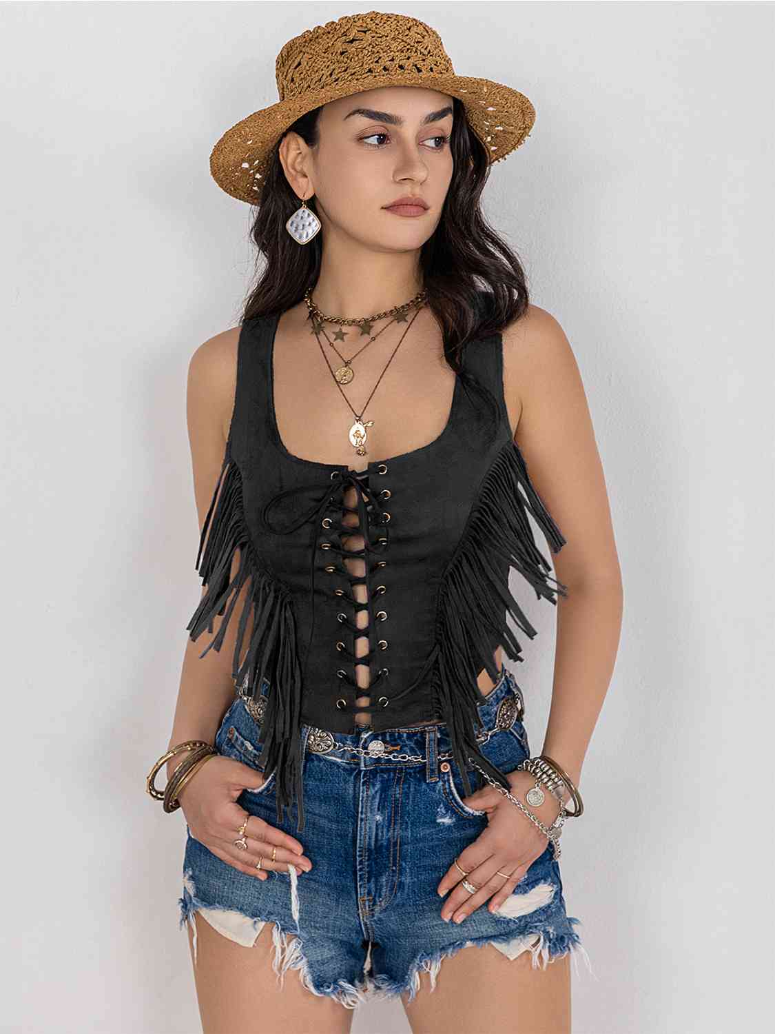 Fringe Lace-Up Vest