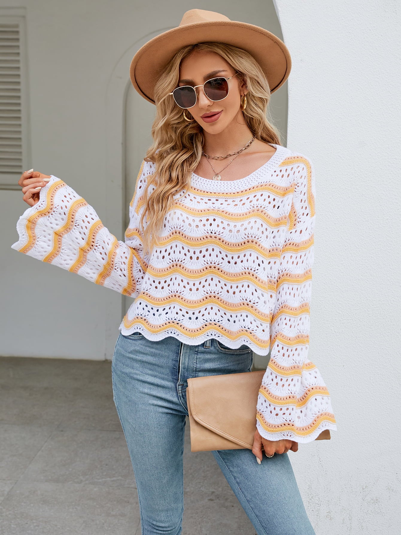 Round Neck Openwork Flare Sleeve Knit Top