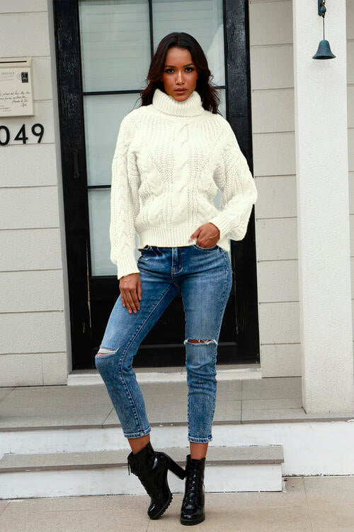 Cable-Knit Turtleneck Long Sleeve Sweater