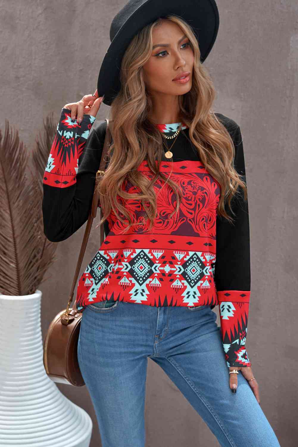 Printed Round Neck Long Sleeve T-Shirt