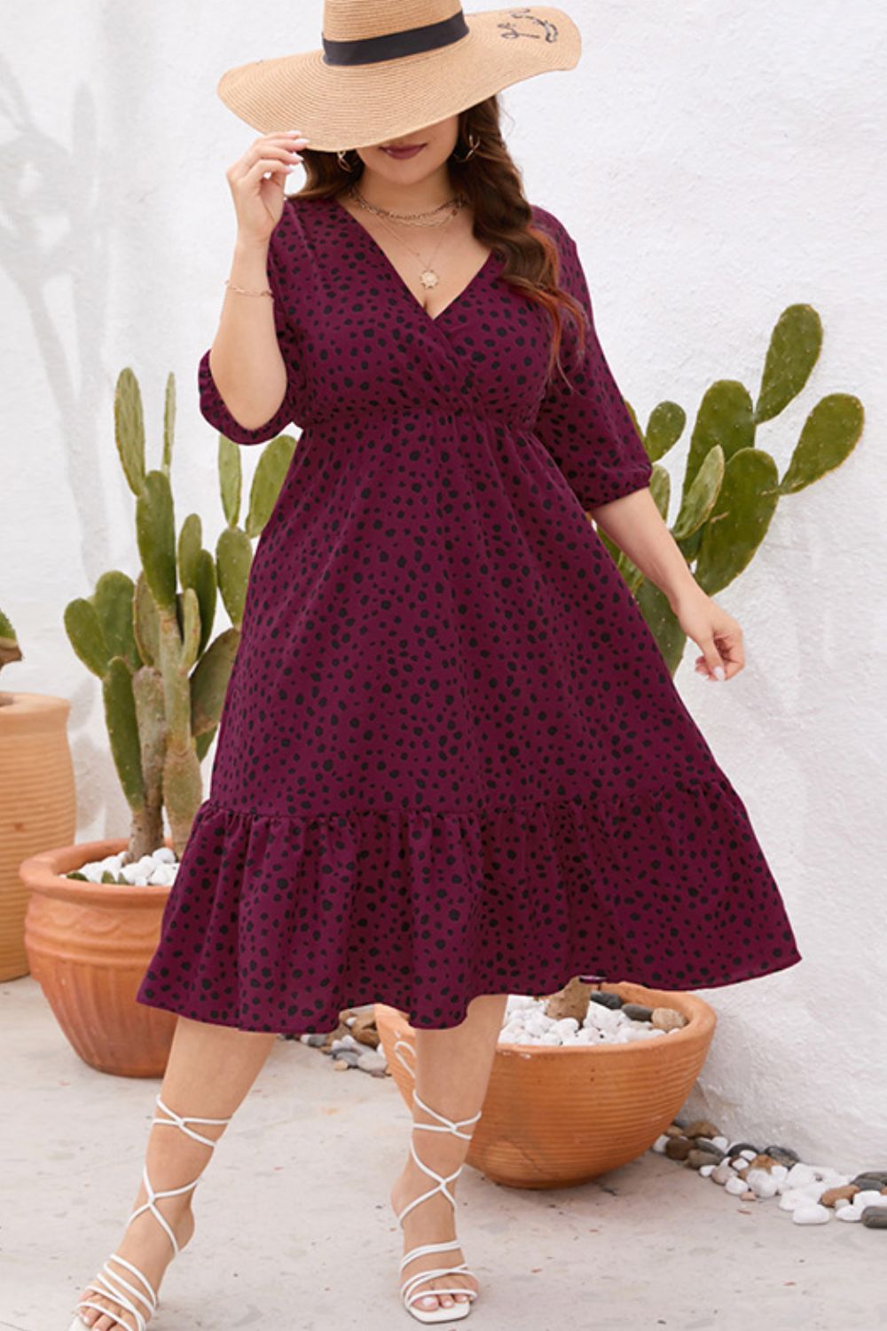 Plus Size Printed Surplice Ruffle Hem Dress