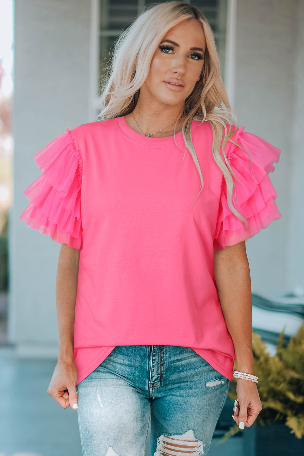 Layered Mesh Sleeve Round Neck Tee