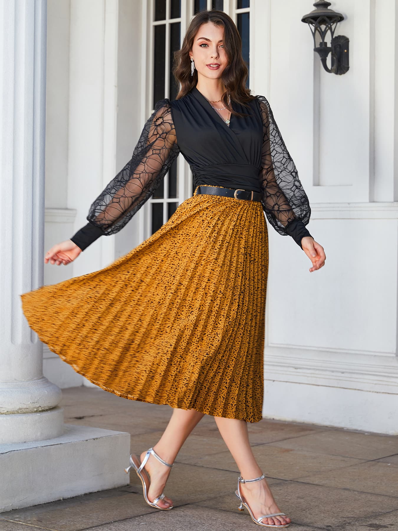 Leopard Print Pleated Midi Skirt