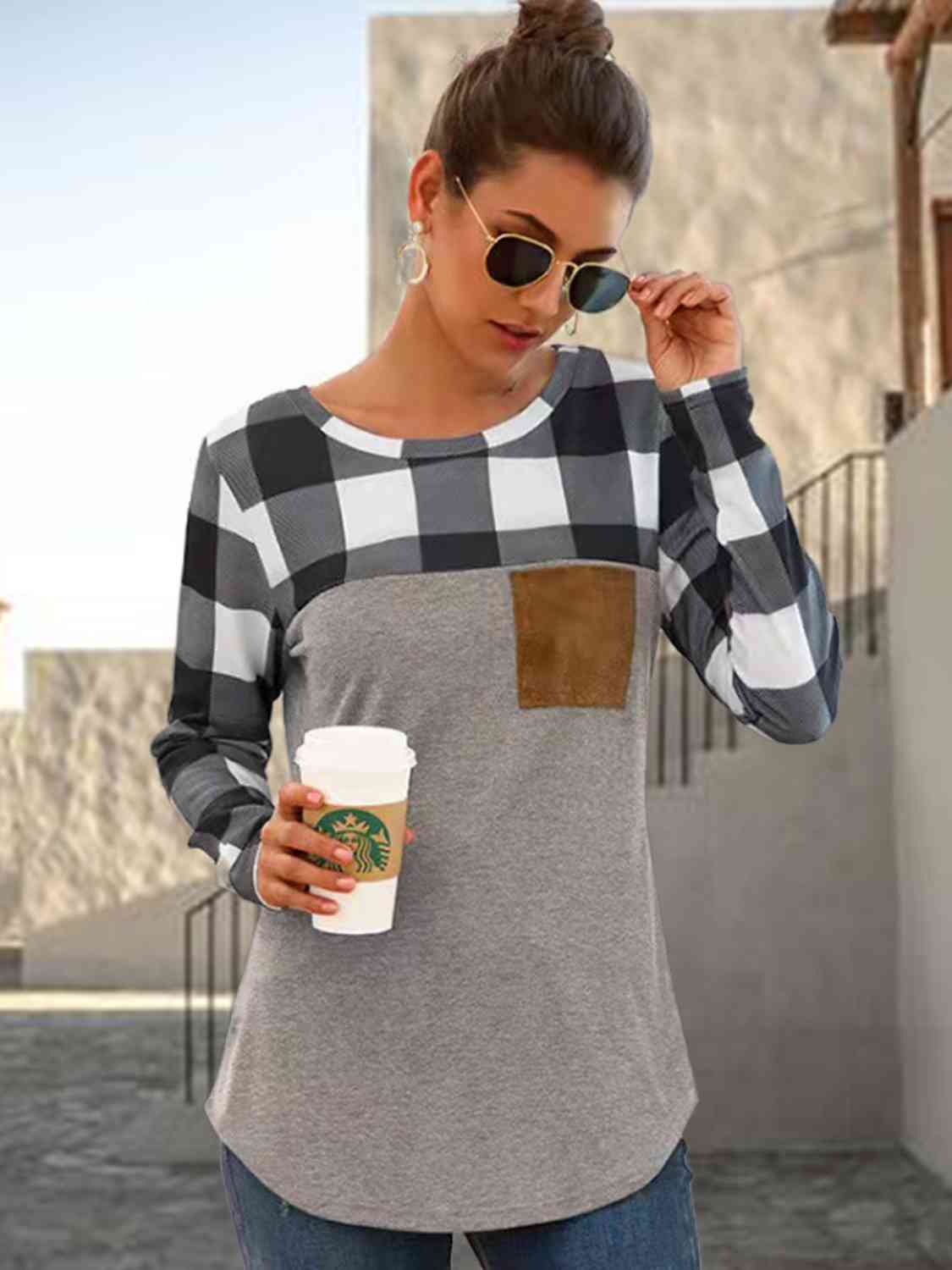 Plaid Round Neck Long Sleeve T-Shirt