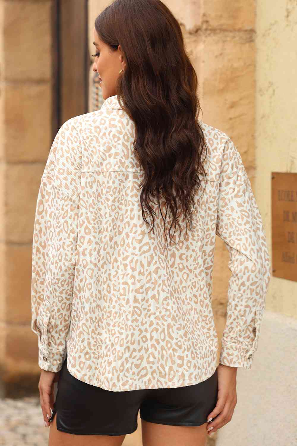 Leopard Collared Neck Long Sleeve Shirt