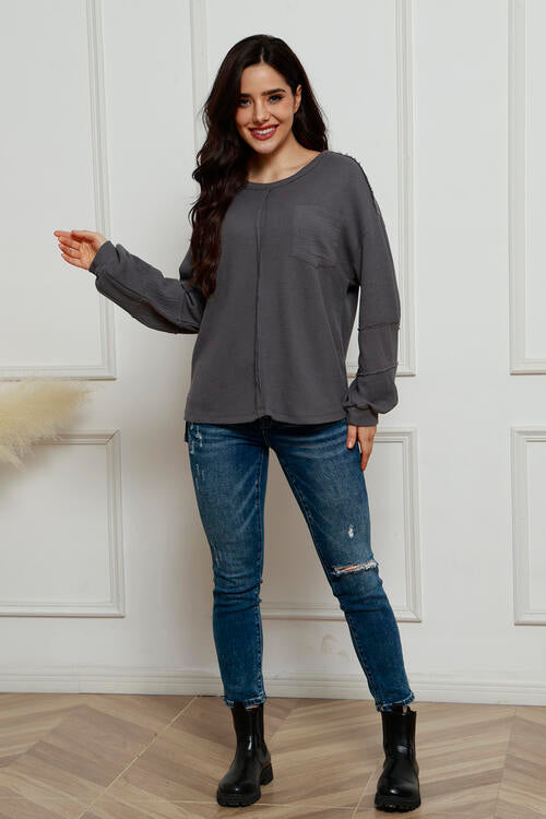 Waffle-Knit Exposed Seam Lantern Sleeve Blouse