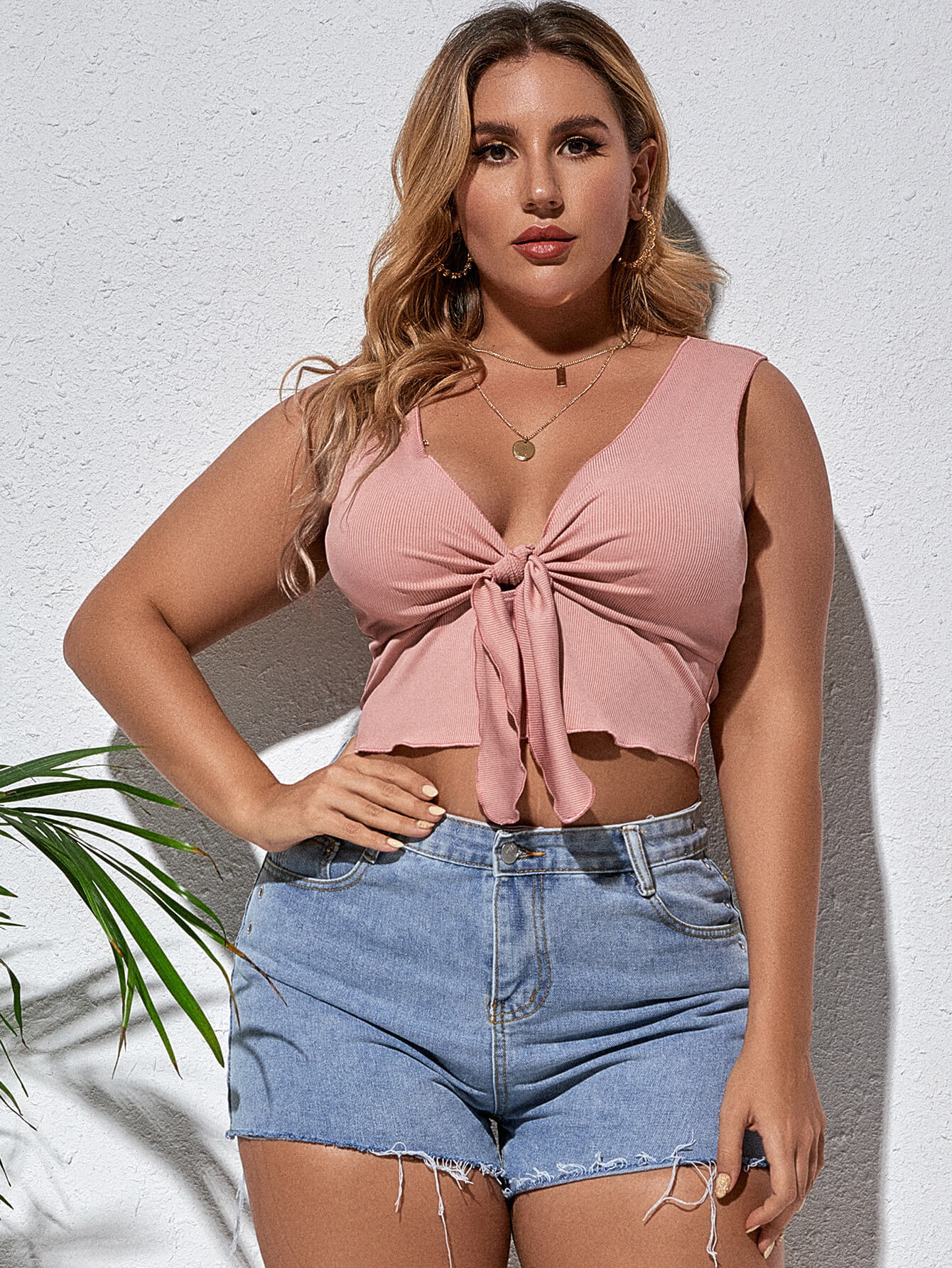 Plus Size Tie Front Sleeveless Plunge Crop Top