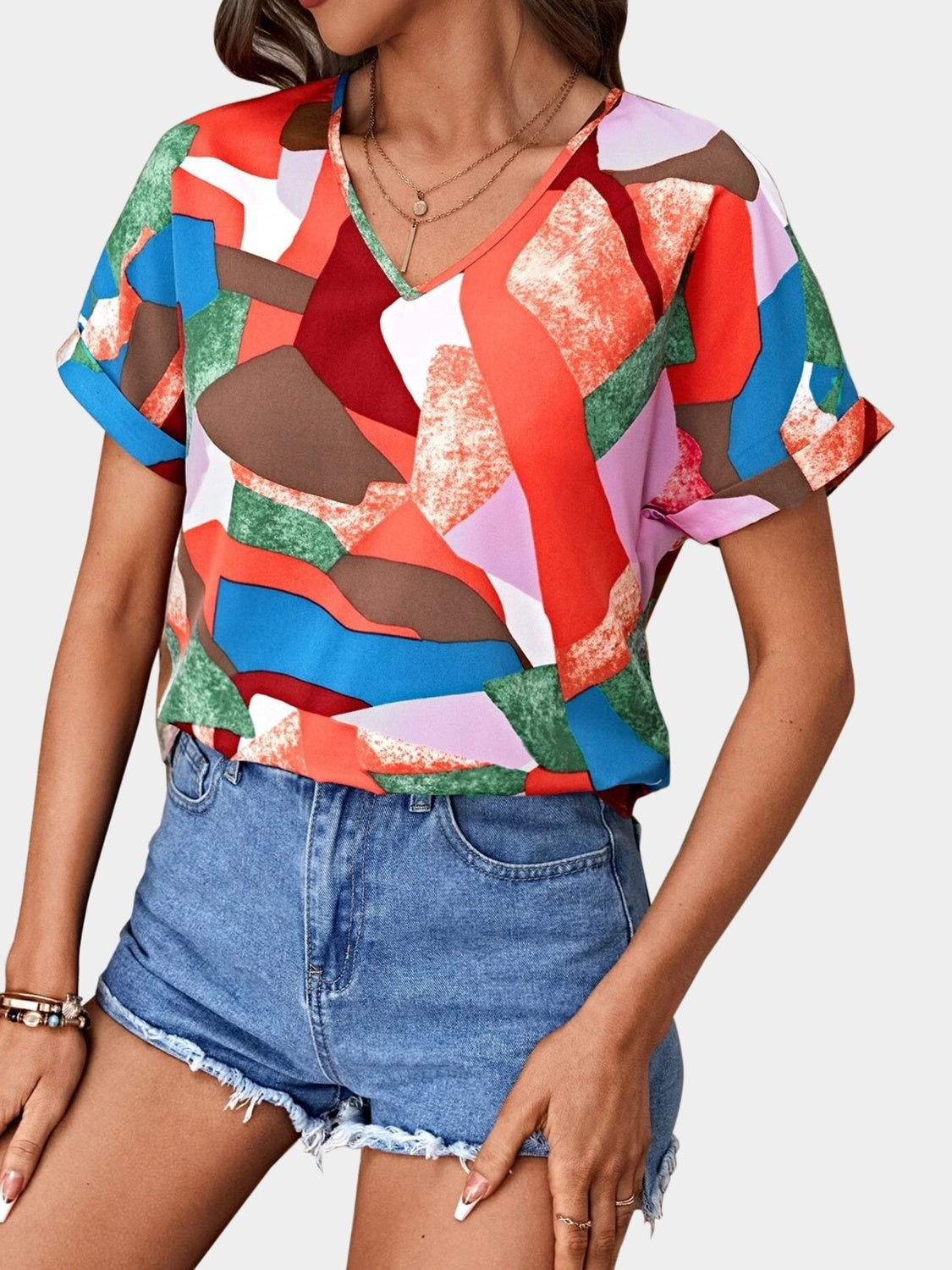 Printed V-Neck Short Sleeve Blouse